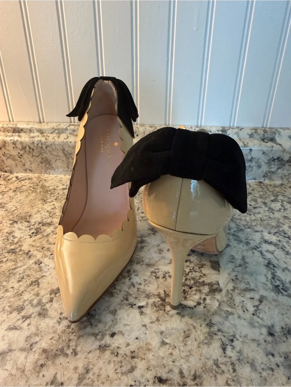 kate spade ♠️ Maxine Nude Scalloped Patent Pointed-Toe Stiletto Heels Black Bow